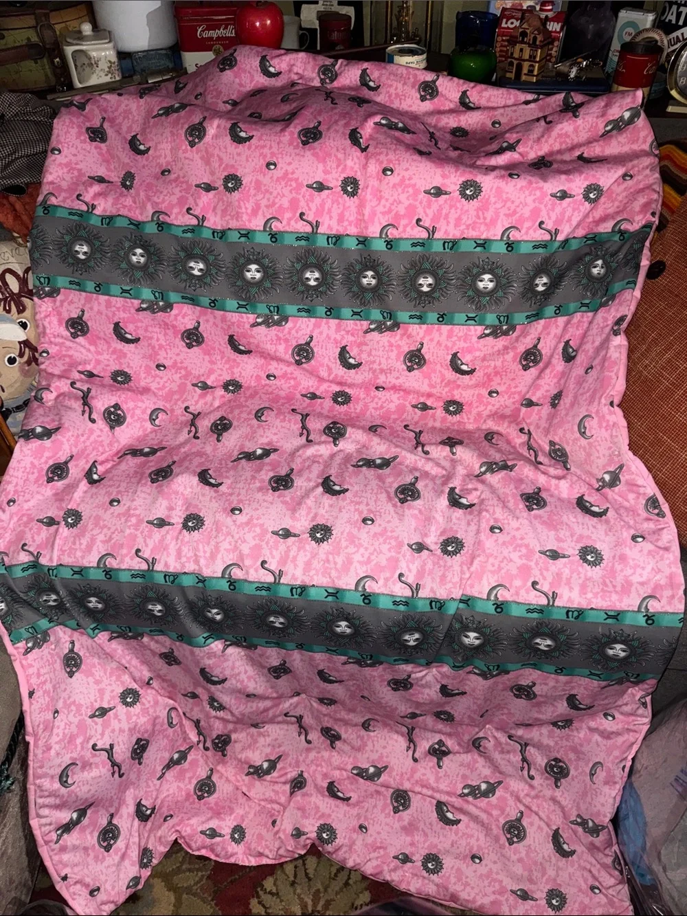 Vintage 90s Celestial Sun Moon Stars Quilted Throw Blanket Pink Teal Retro 36x62